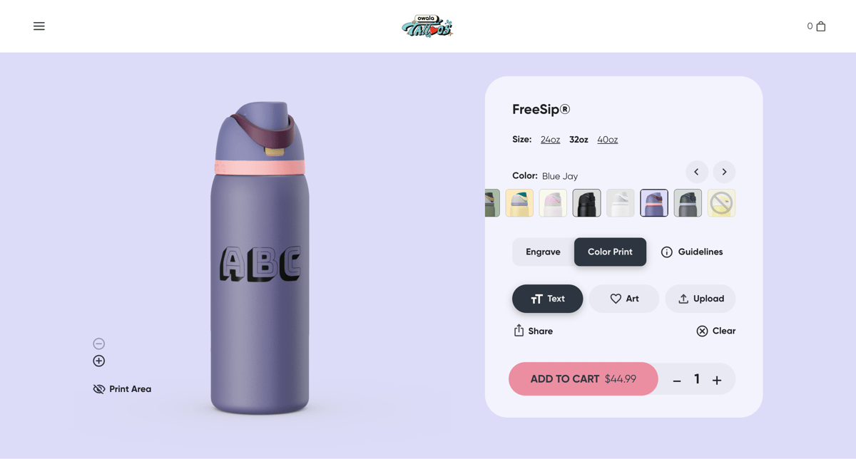 Owala Custom Shopify store product customization example — gifts & occasions with personalized and custom print