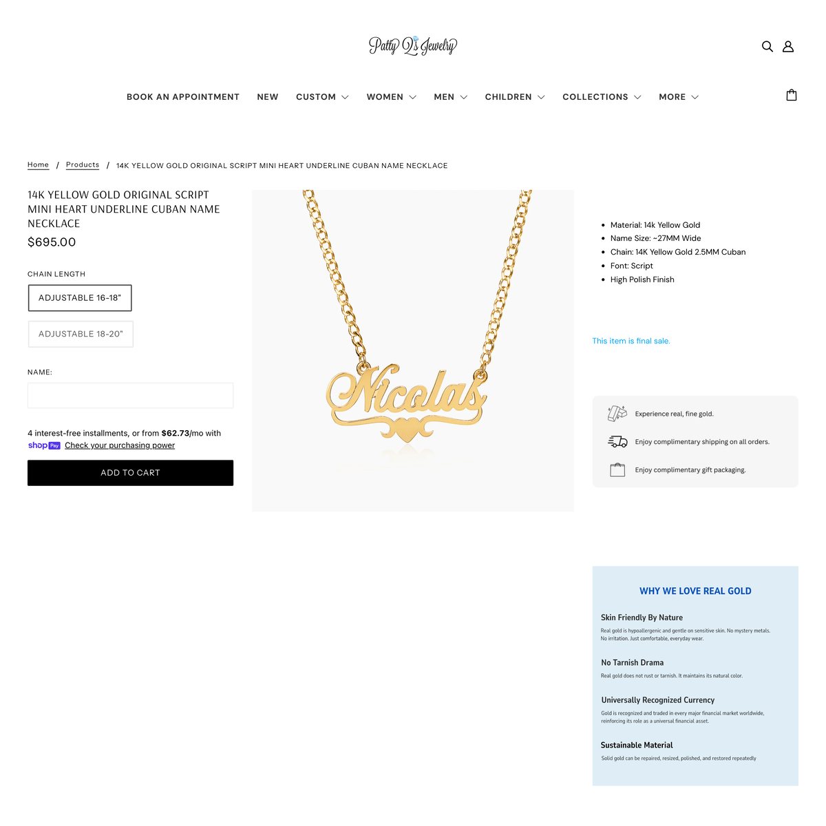 Patty Q's Jewelry Inc Shopify store product customization example — jewelry with accessories and custom size