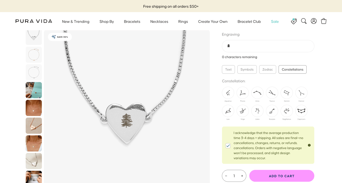 Pura Vida Shopify store product customization example — jewelry with personalized and engraving