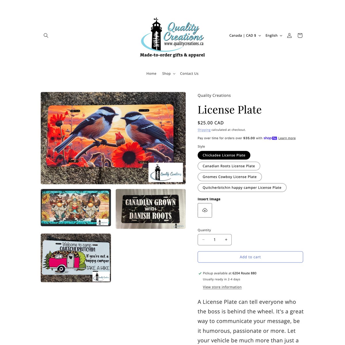 Quality Creations Shopify store product customization example — gifts & occasions with apparel and clothing