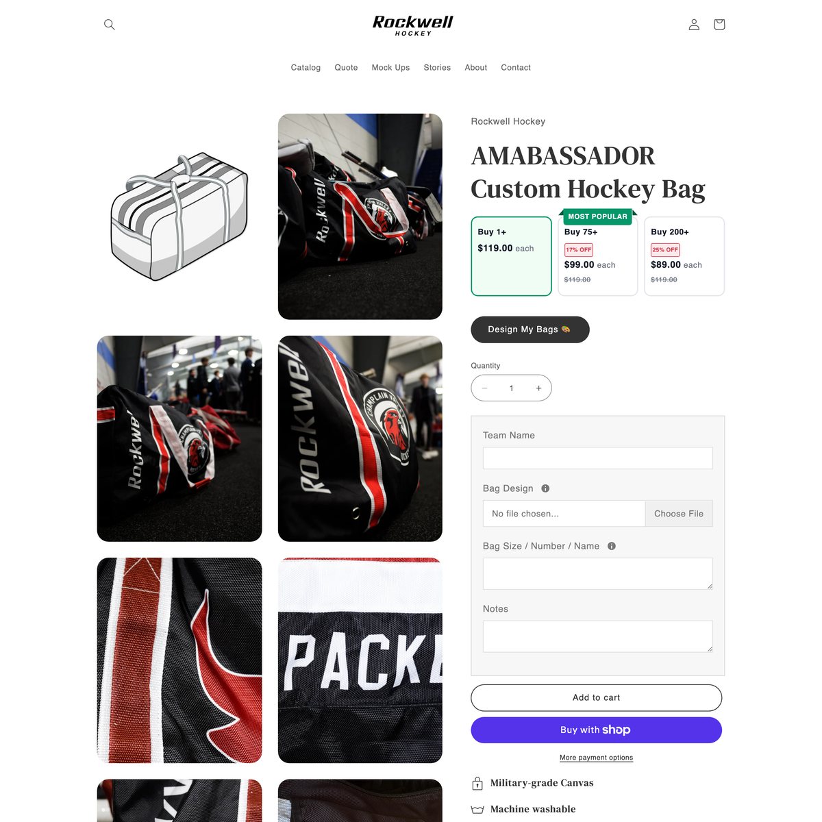Rockwell Hockey Shopify store product customization example — sports & outdoors with active and apparel