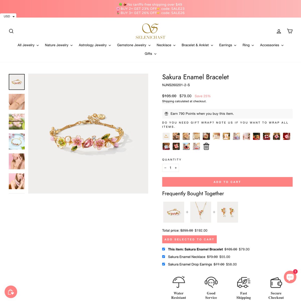 Selenichast Shopify store product customization example — jewelry with accessories and custom size