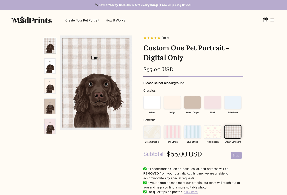 MadPrints Shopify store product customization example — pet with personalized and custom print