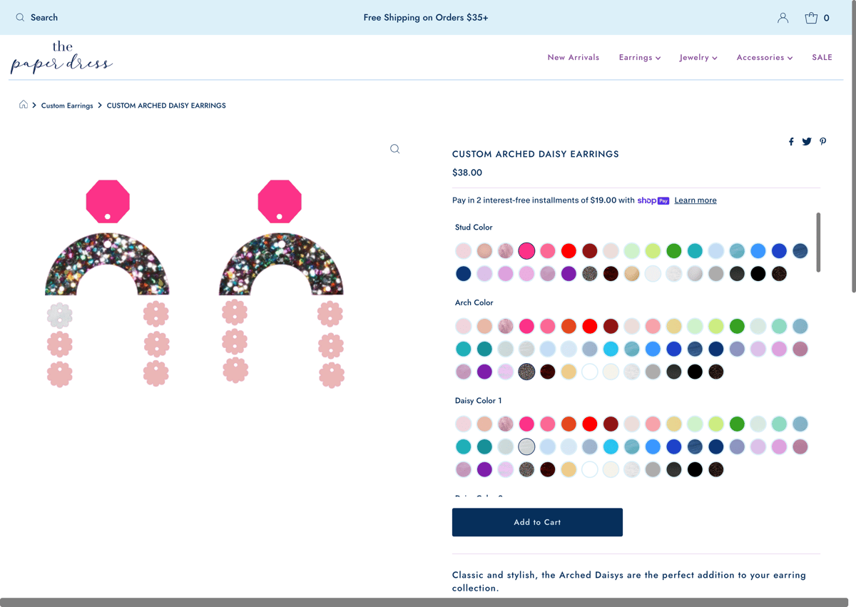 The Paper Dress Shopify store product customization example — jewelry with accessories and jewelry