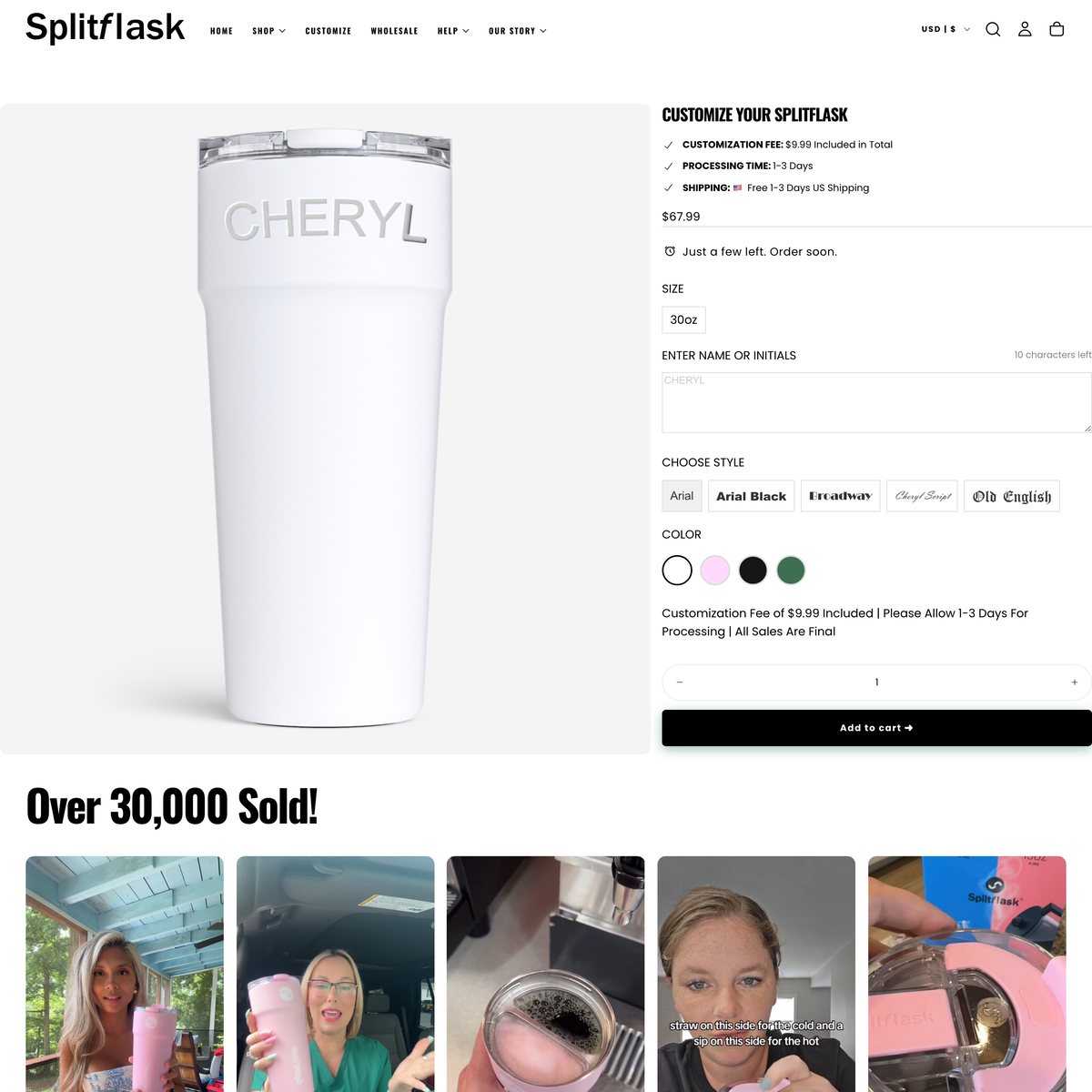 Splitflask: 2-In-1 Stainless Steel Tumbler Shopify store product customization example — gifts & occasions with gifts and live preview