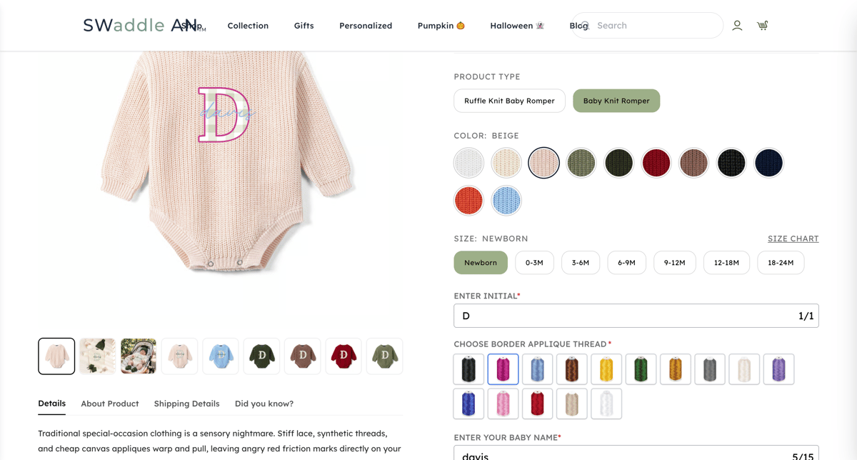 SwaddleAn Shopify store product customization example — apparel with personalized and embroidery