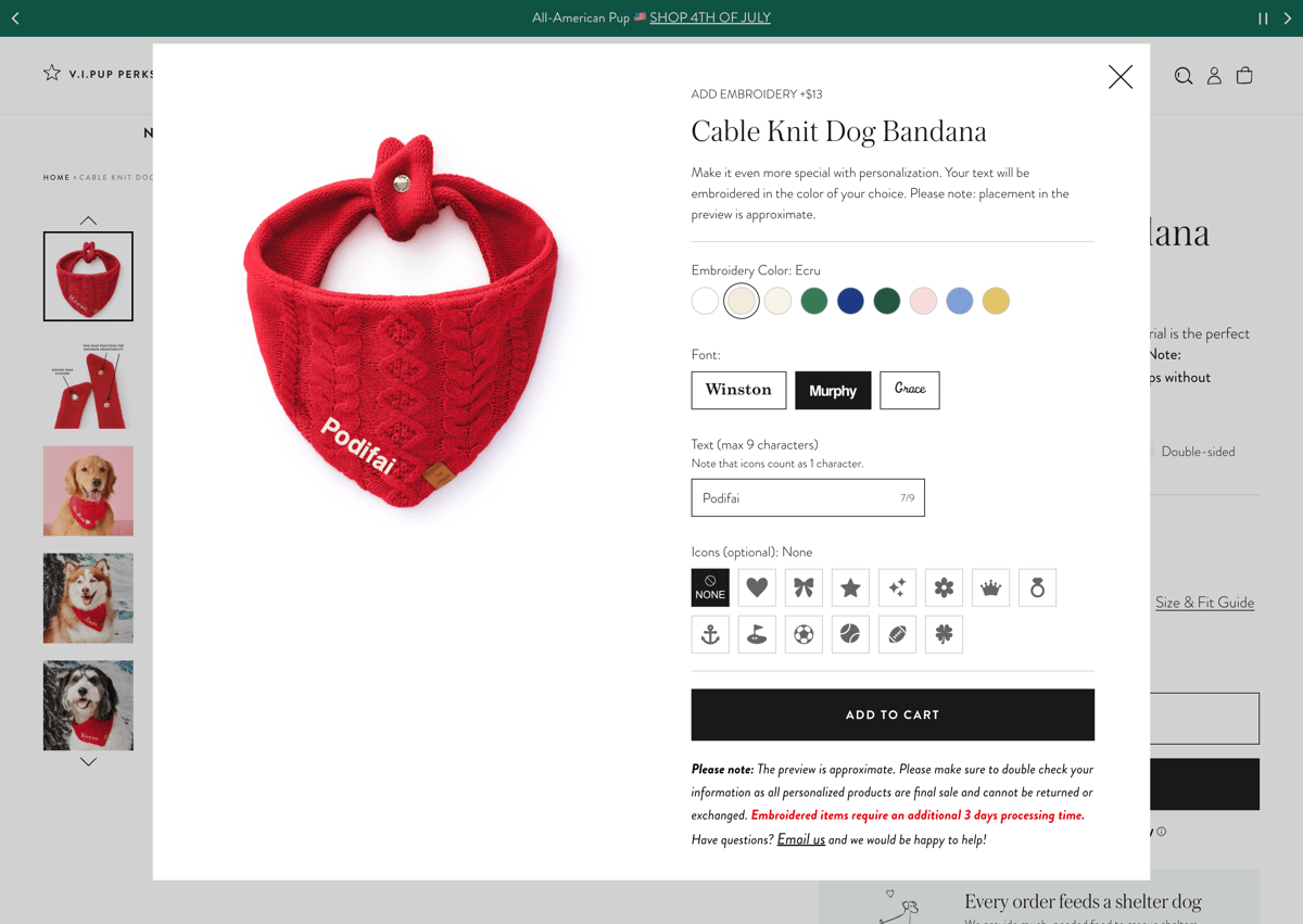 The Foggy Dog Shopify store product customization example — pet with personalized and embroidery