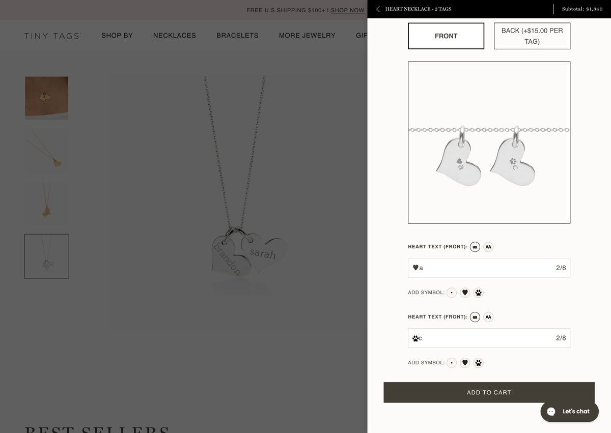 Tiny Tags Shopify store product customization example — jewelry with accessories and custom built
