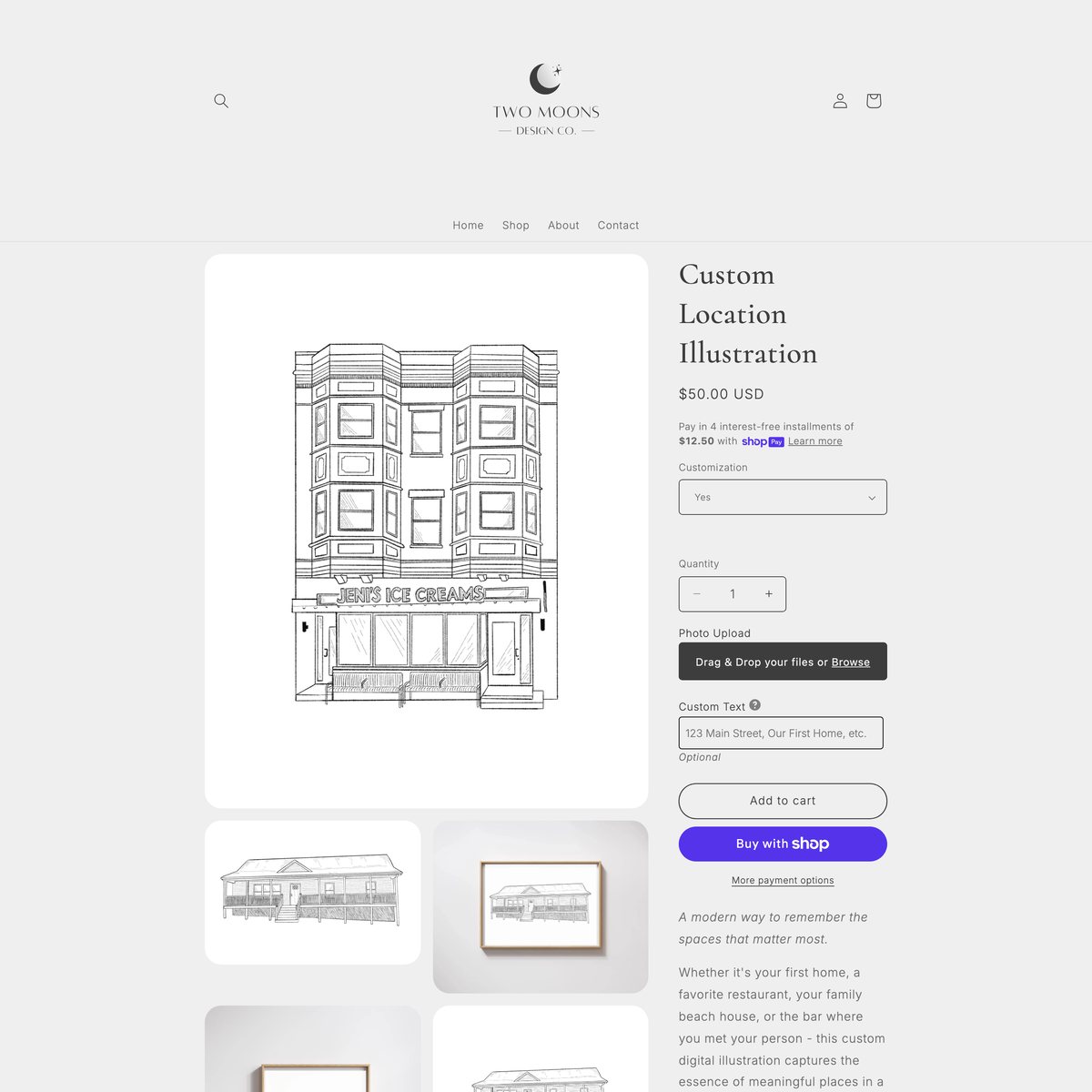 Two Moons Design Co. Shopify store product customization example — gifts & occasions with gifts and photo upload