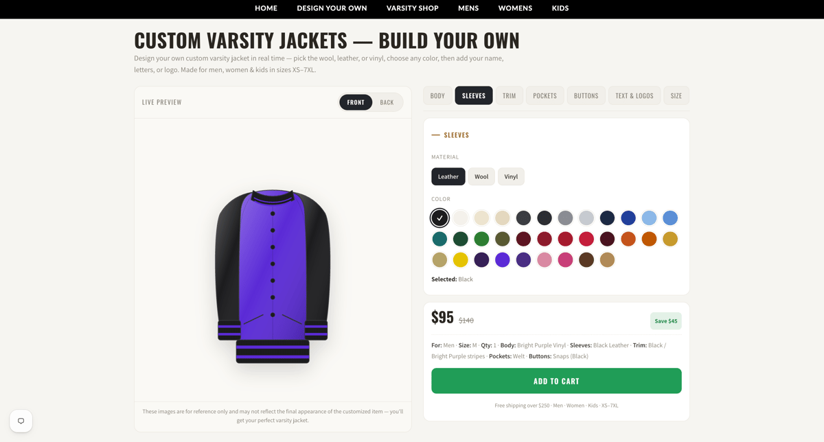 Varsity Jacket Club Shopify store product customization example — apparel & accessories with personalized and custom built