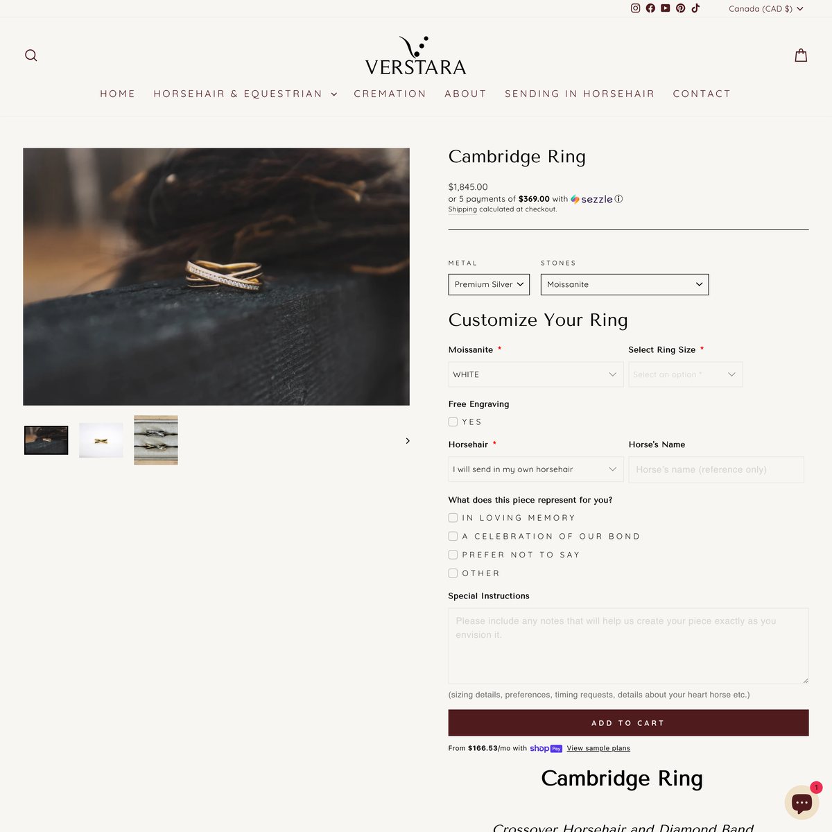 Verstara Shopify store product customization example — jewelry with accessories and custom built