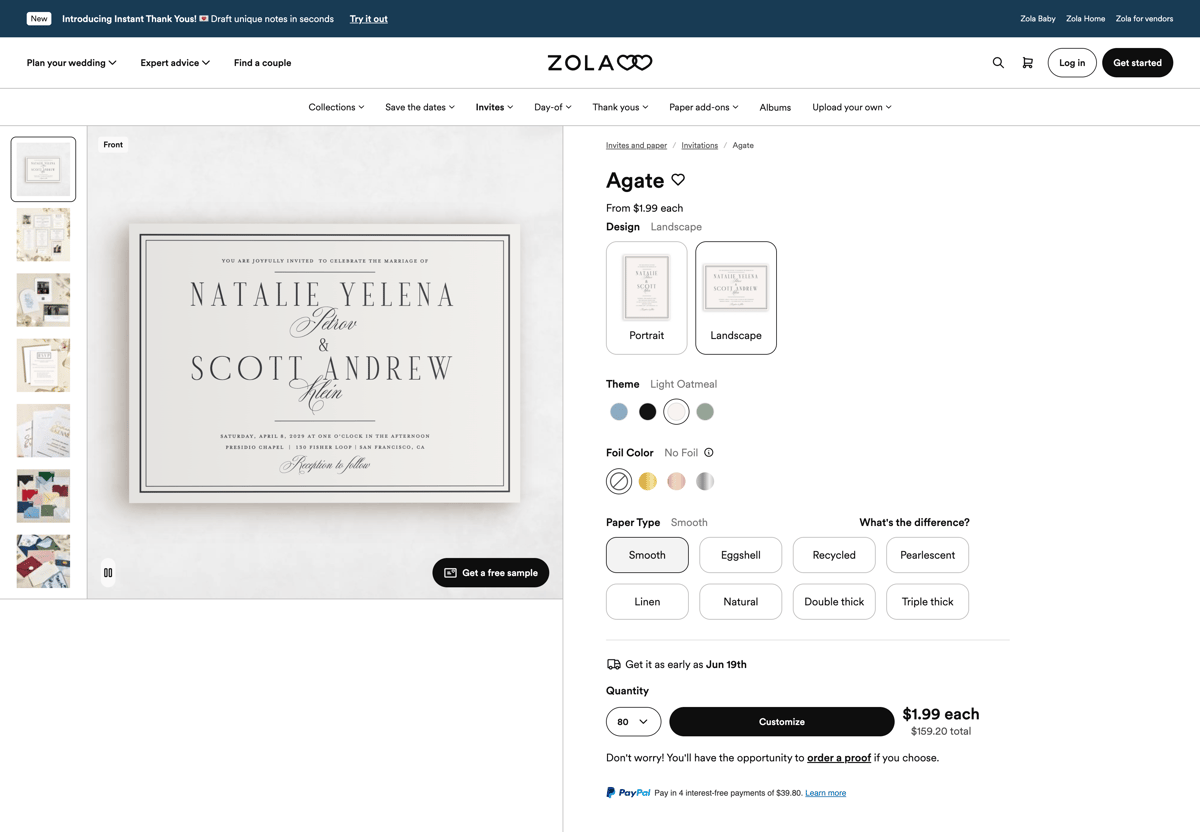 Zola store product customization example — gifts & occasions with personalized and color custom