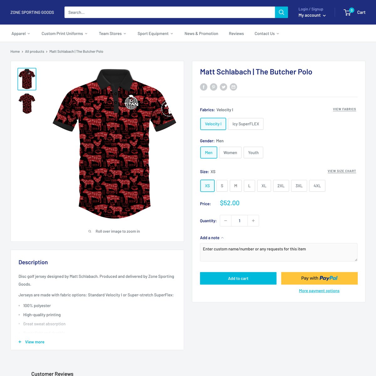 ZONE SPORTING GOODS Shopify store product customization example — apparel with active and apparel