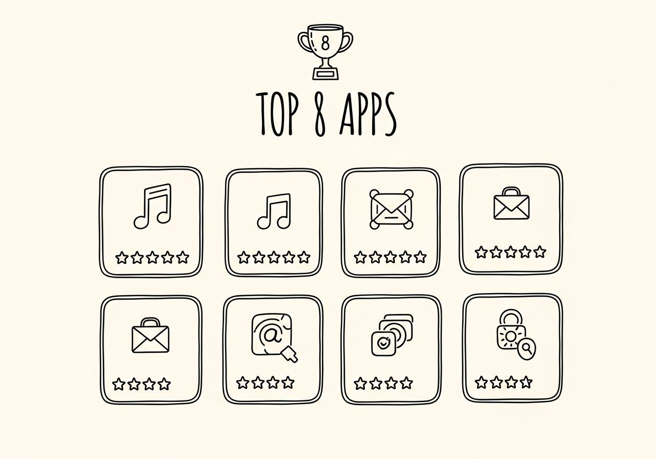 Doodle of eight ranked app cards with star ratings and a trophy, representing the top Shopify customization apps