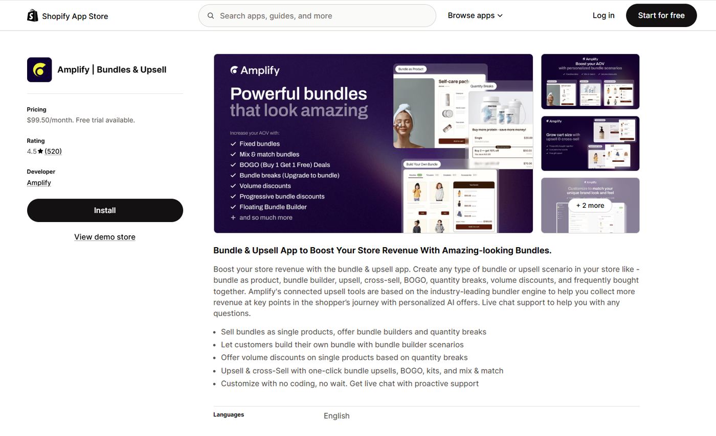Amplify Bundles and Upsell Shopify App Store listing