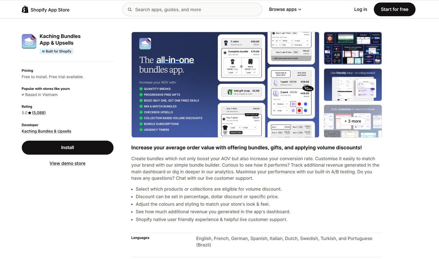 Kaching Bundles App and Upsells Shopify App Store listing