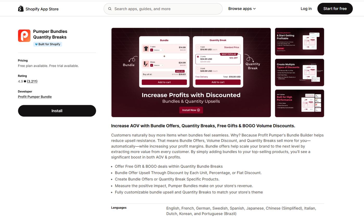 Pumper Bundles Quantity Breaks Shopify App Store listing