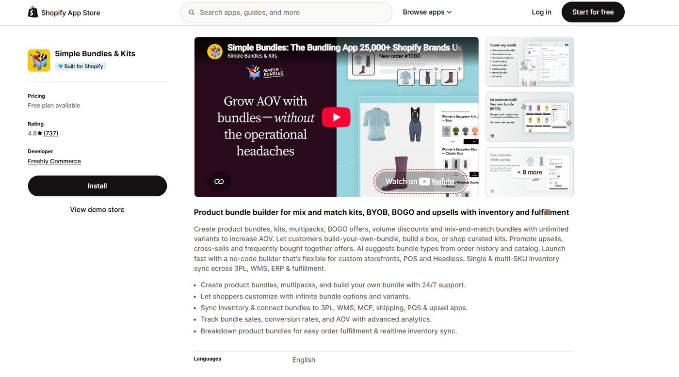 Simple Bundles and Kits Shopify App Store listing