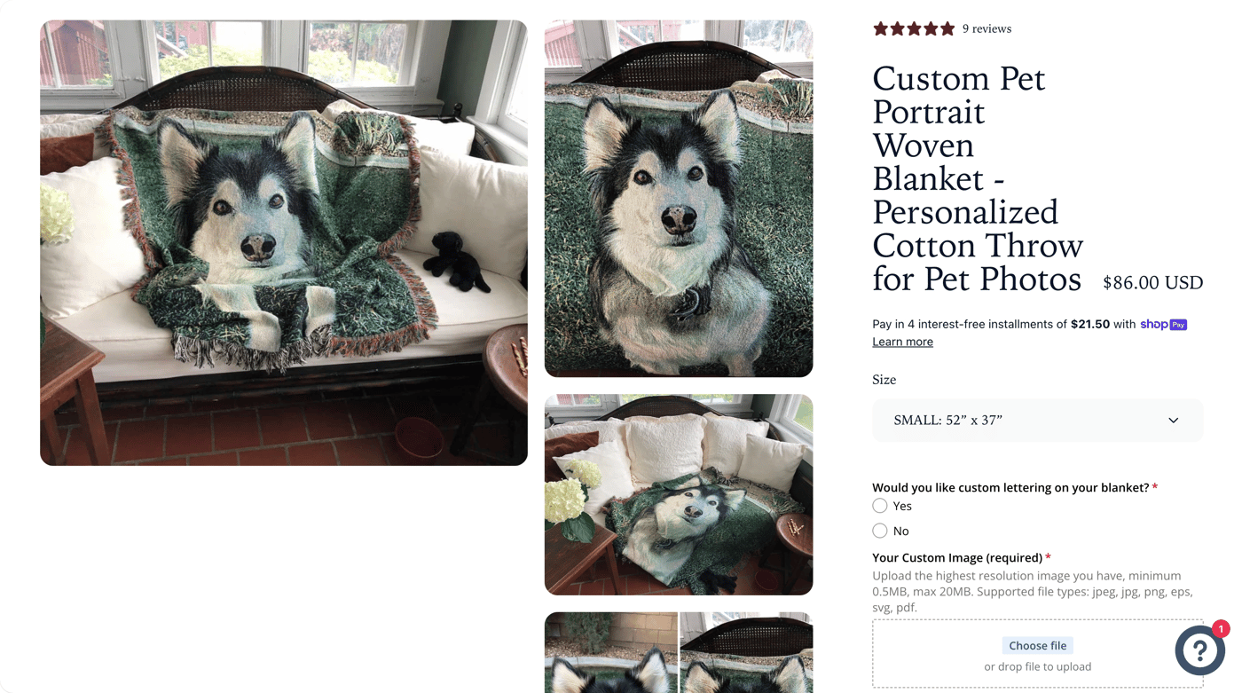 22. Custom Woven Blankets — American-made woven photo blankets - Custom blanket product page on Shopify