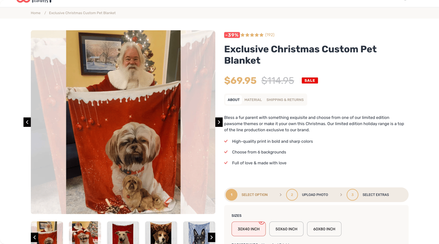 9. Woof Blankets — Custom pet photo blankets with memorial focus - Custom blanket product page on Shopify