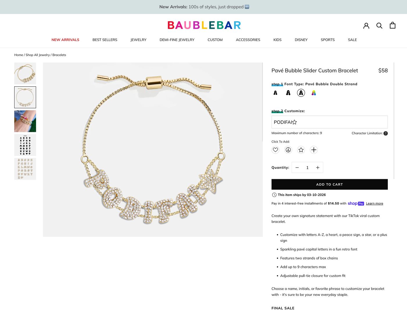 BaubleBar custom bracelet builder interface