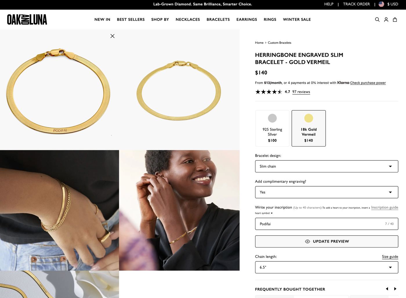 Oak & Luna name bracelet configurator with live previw