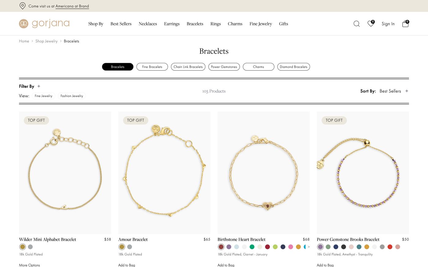 Gorjana personalized bracelet collection page