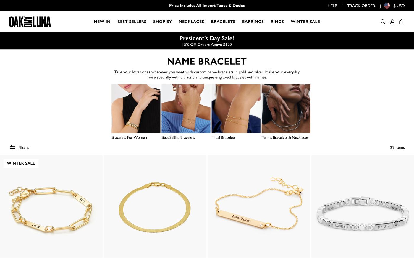 Oak & Luna collection page featuring custom bracelet