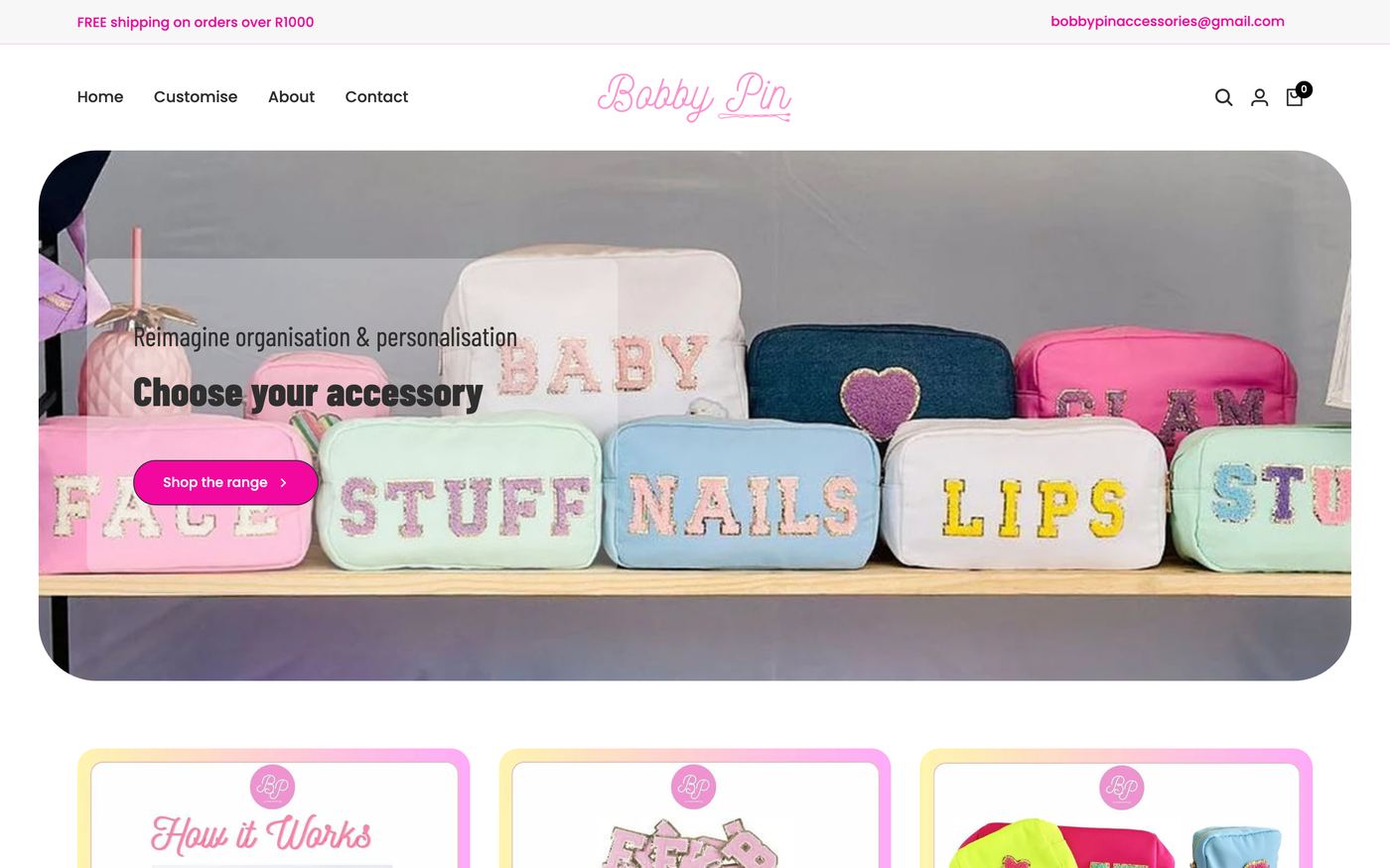 Cosmetic Bags bobbypinaccessories.co.za homepage screenshot