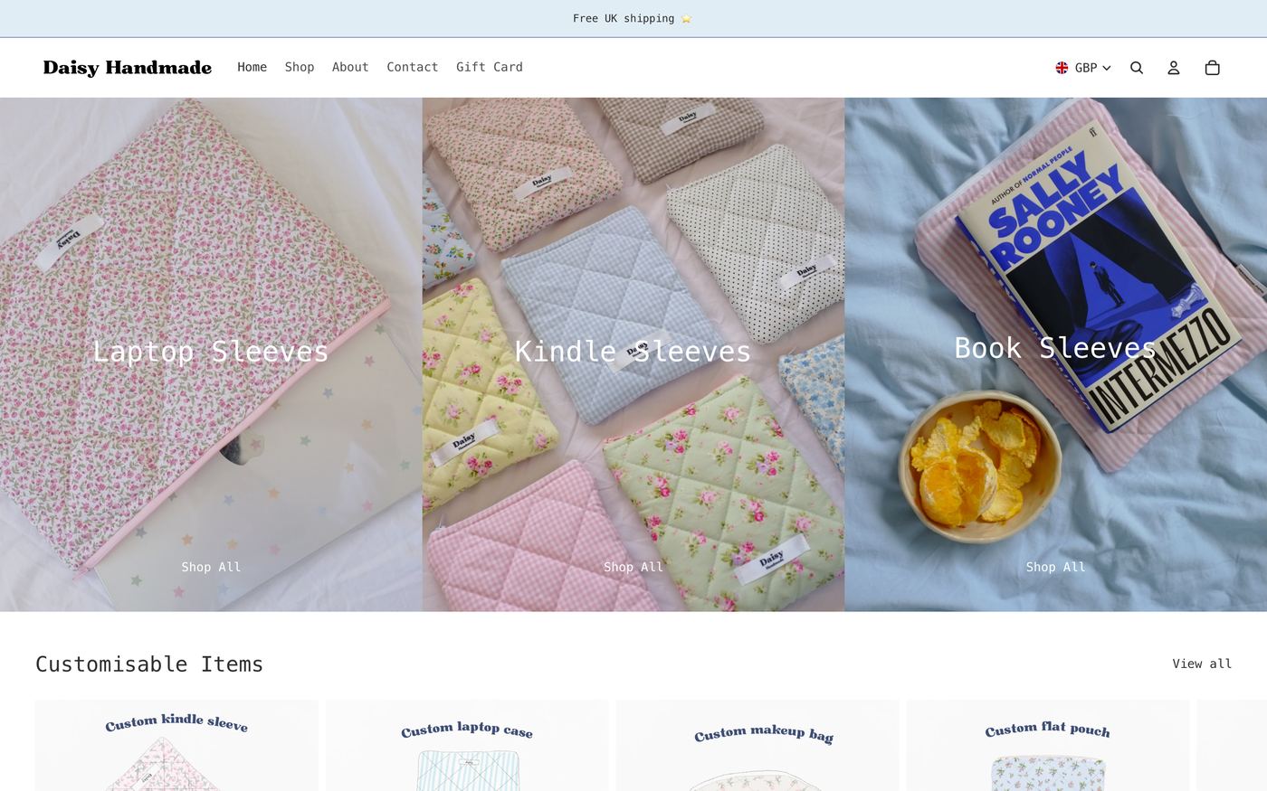 Cosmetic Bags daisyhandmade.com homepage screenshot