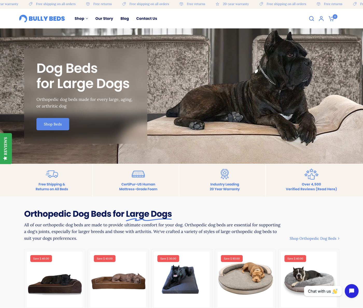 Bully Beds homepage showing custom dog beds with personalized options