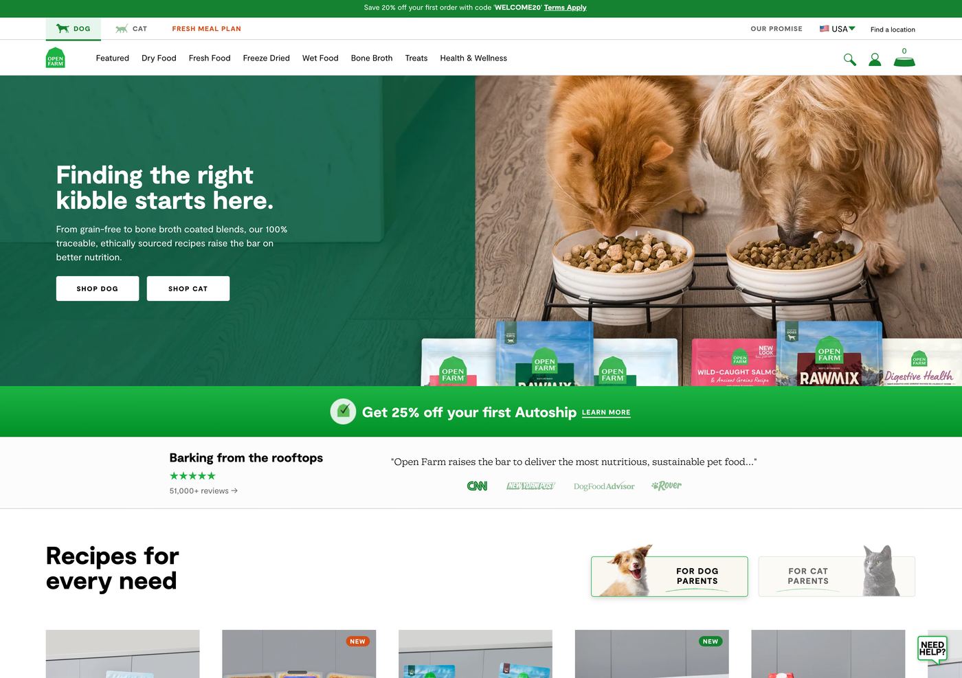 Open Farm homepage showing ethically sourced custom pet food