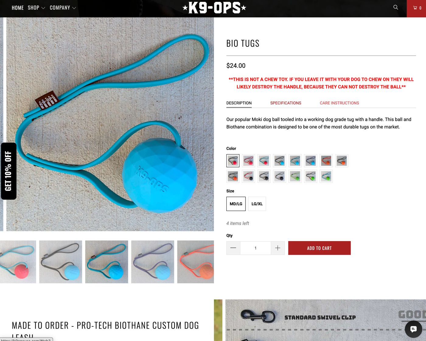 K9 Ops USA product page showing custom tactical dog leashes and collars