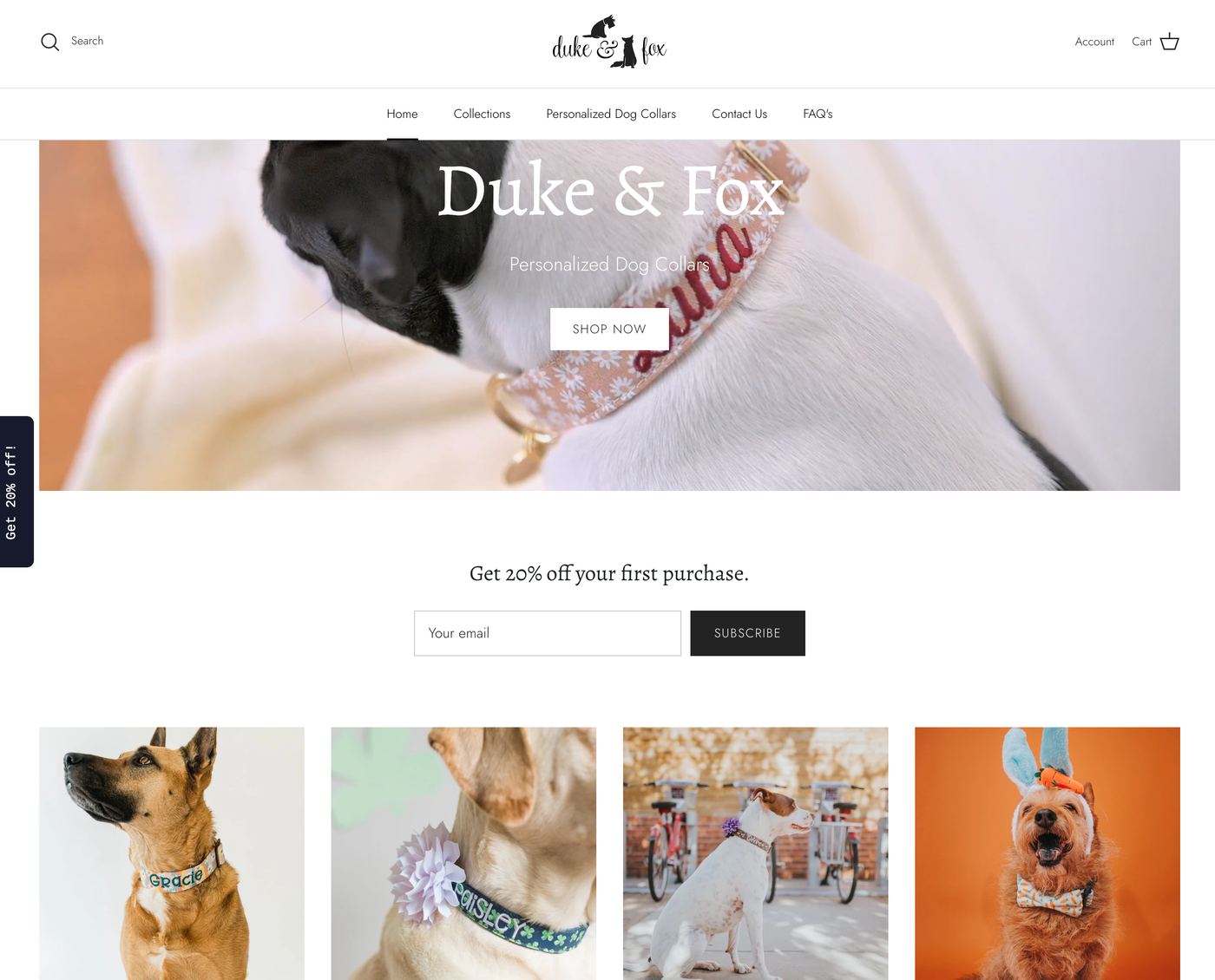 Duke & Fox store page featuring embroidered dog collars, bandanas, engraved buckles