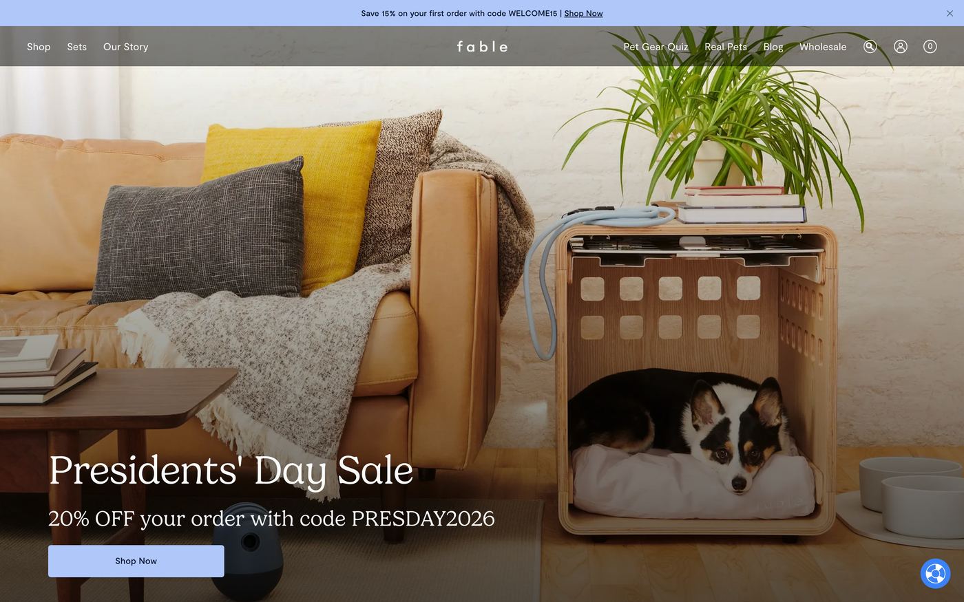 Fable Pets homepage showing designer dog bowls, beds, leashes, collars