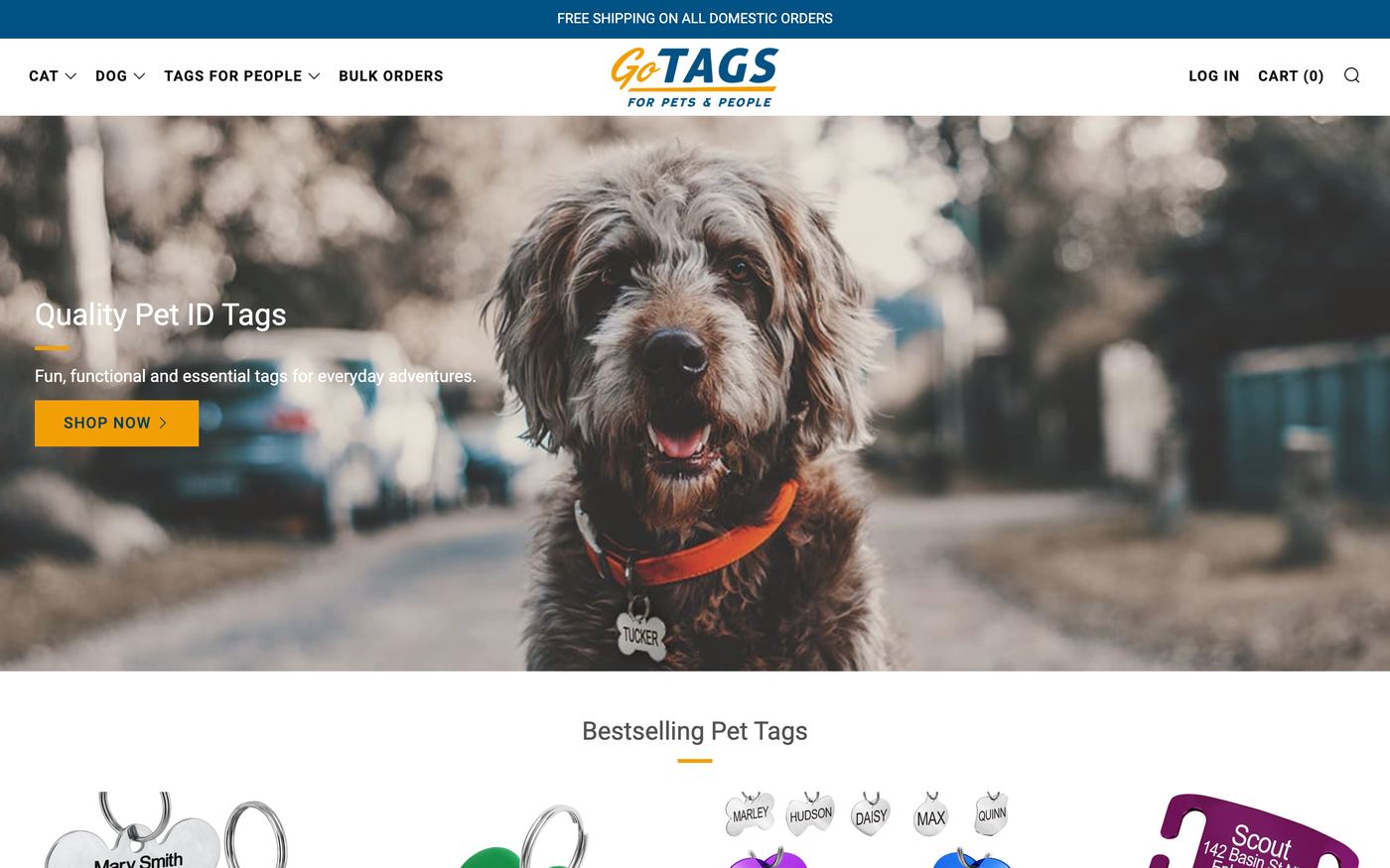 GoTags homepage showing custom engraved pet id tags and personalized collars