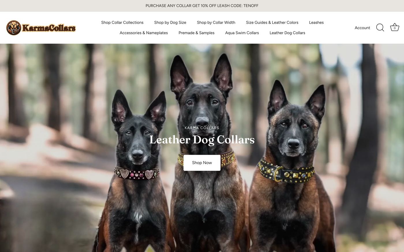 Karma Collars product page showing handmade custom leather dog collars