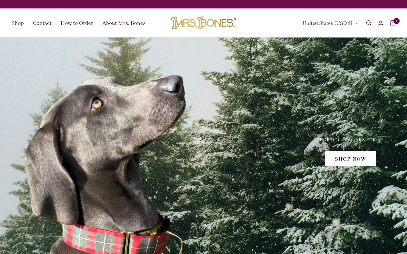Mrs Bones product page showing handmade custom dog collars and leashes