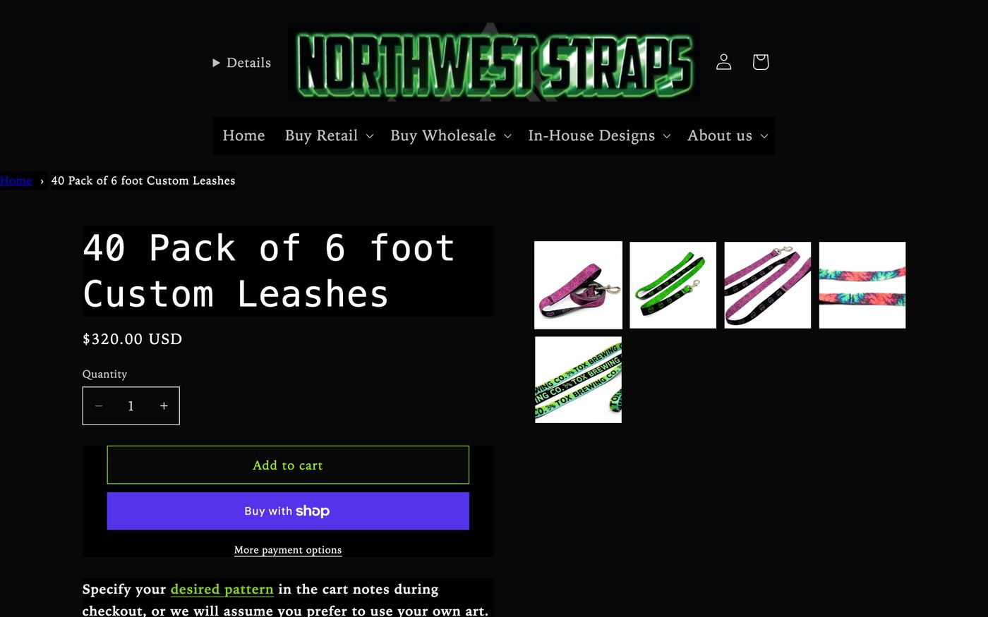 NW Straps product page showing custom personalized dog leashes and accessories