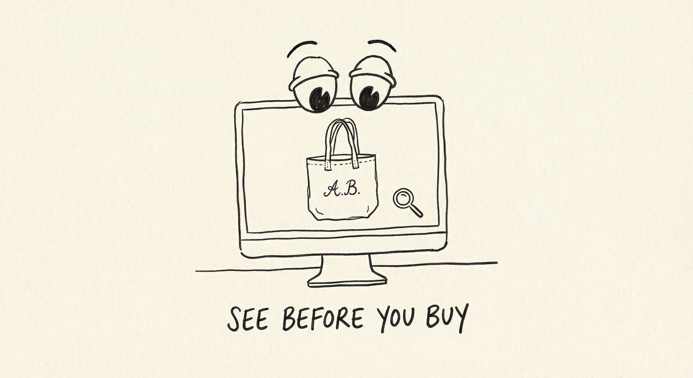 Screenshot of real-time embroidery preview on a Shopify product page showing customer text customization