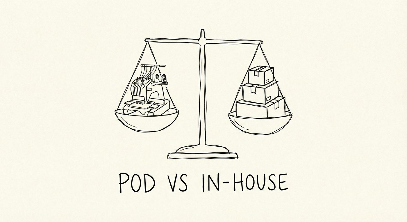 Comparison diagram showing print-on-demand vs in-house embroidery fulfillment models for Shopify stores