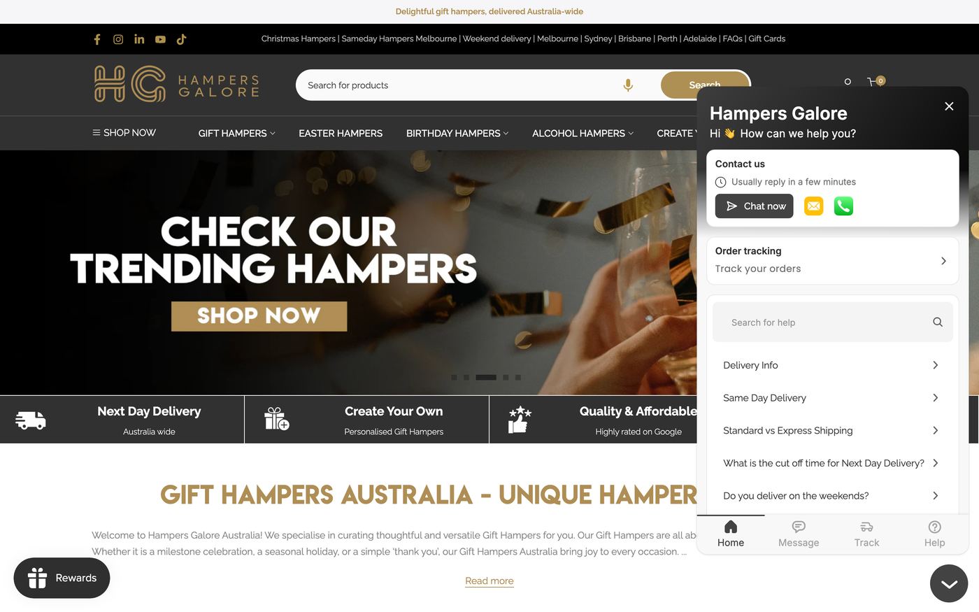 Gift Boxes hampersgalore.com.au homepage screenshot