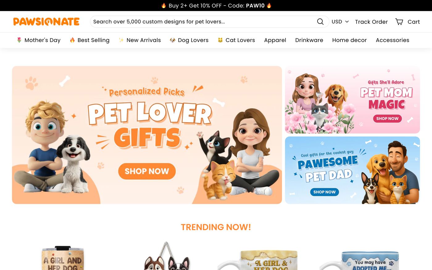 Mugs pawsionate.com homepage screenshot