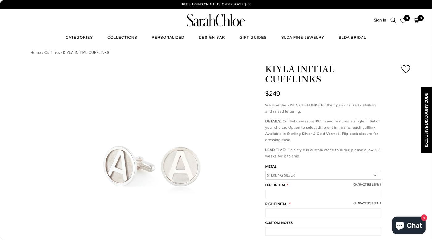 21. Sarah Chloe — Personalized fine jewelry with celebrity connections - Custom necklace product page on Shopify