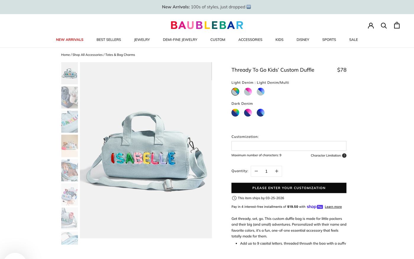 BaubleBar custom necklace product page