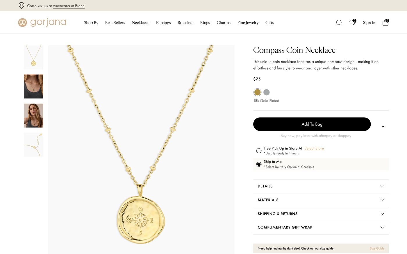 Gorjana initial necklace product page