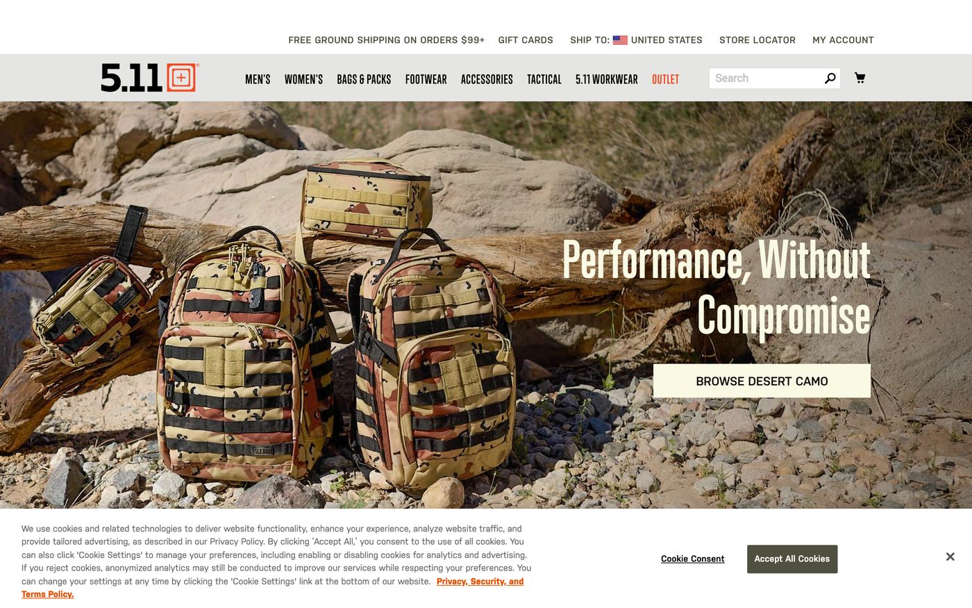 5 11 Tactical homepage screenshot showing custom patch offerings