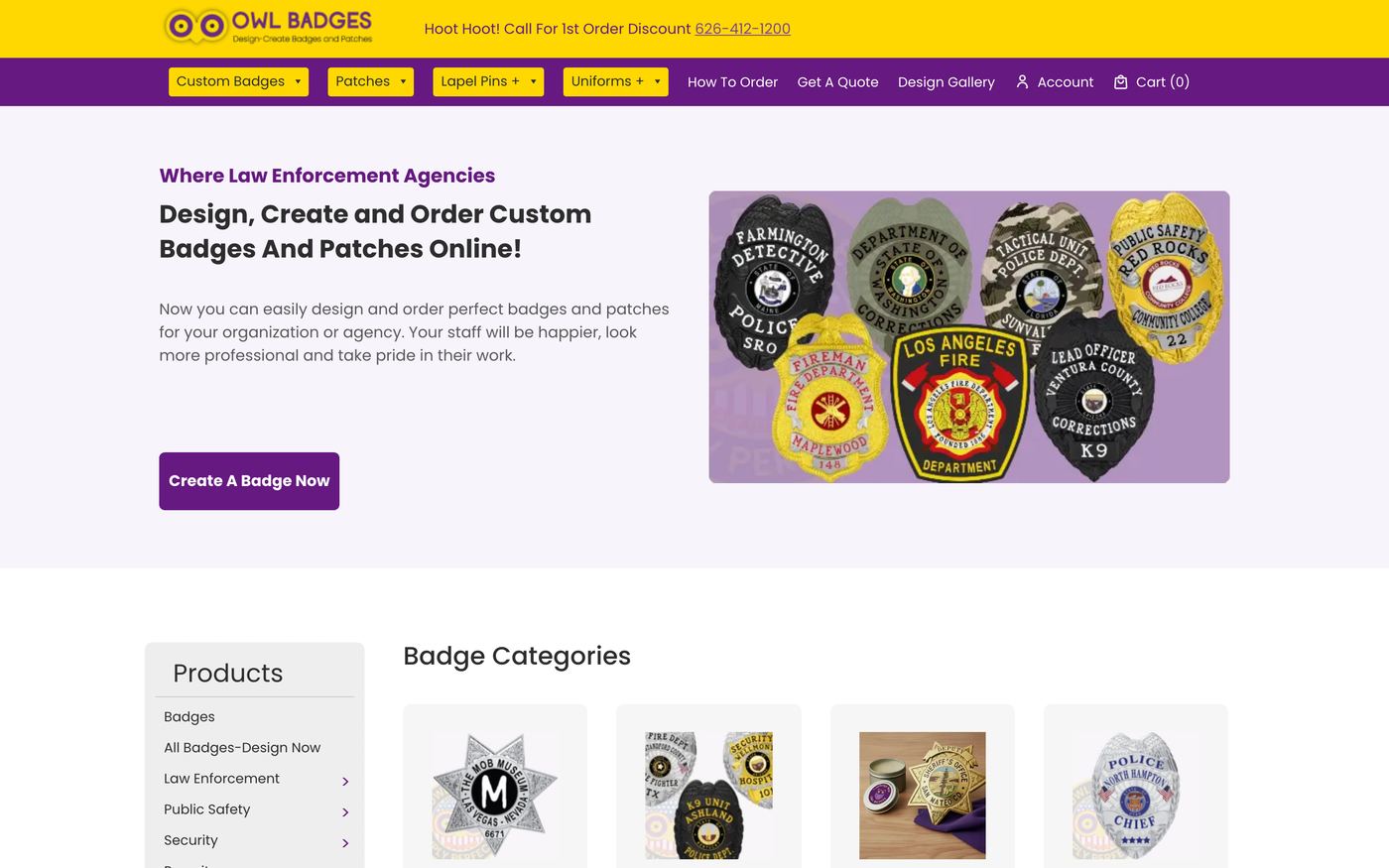 Owl Badges homepage screenshot showing custom patch offerings