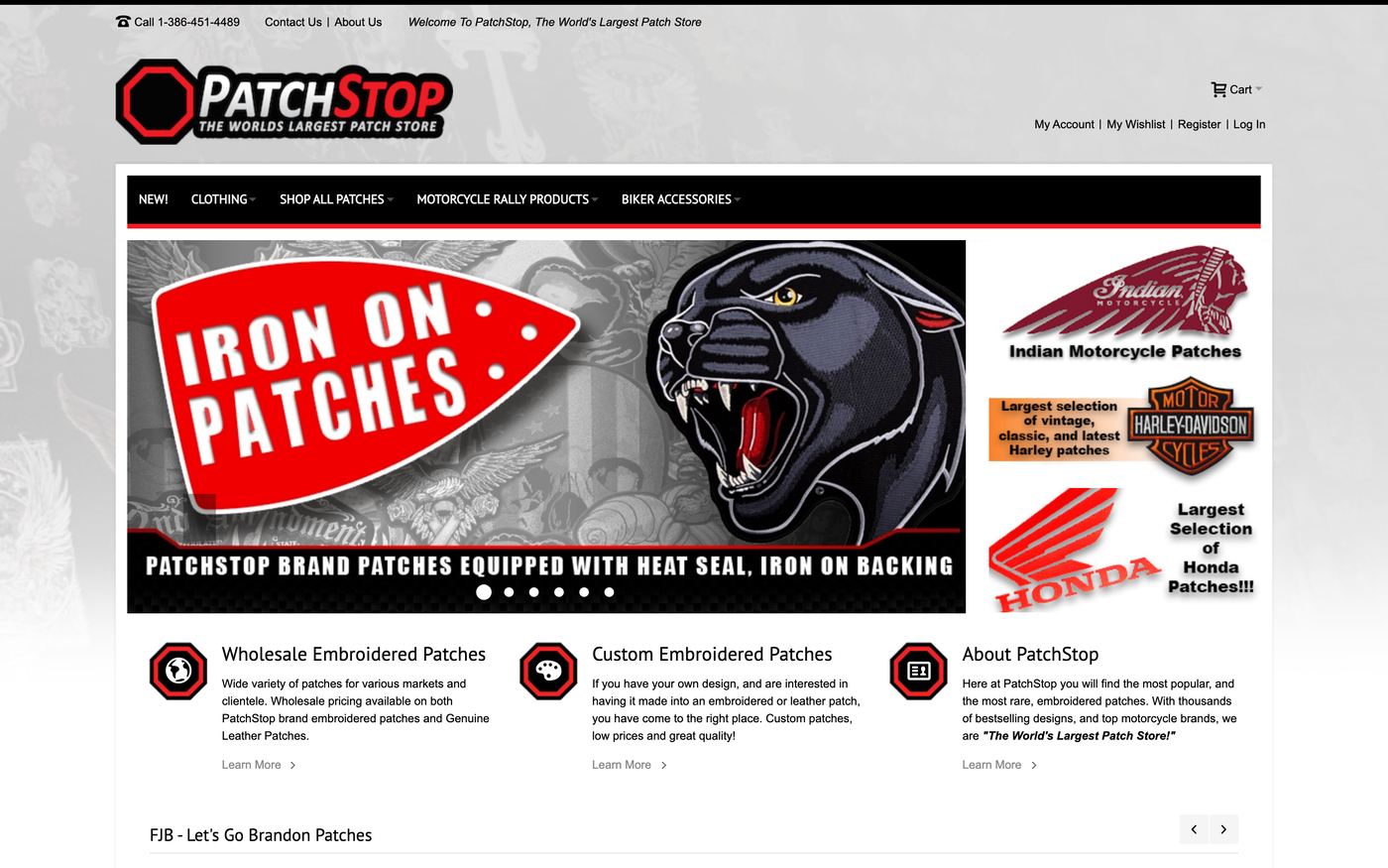 Patch Stop homepage screenshot showing custom patch offerings