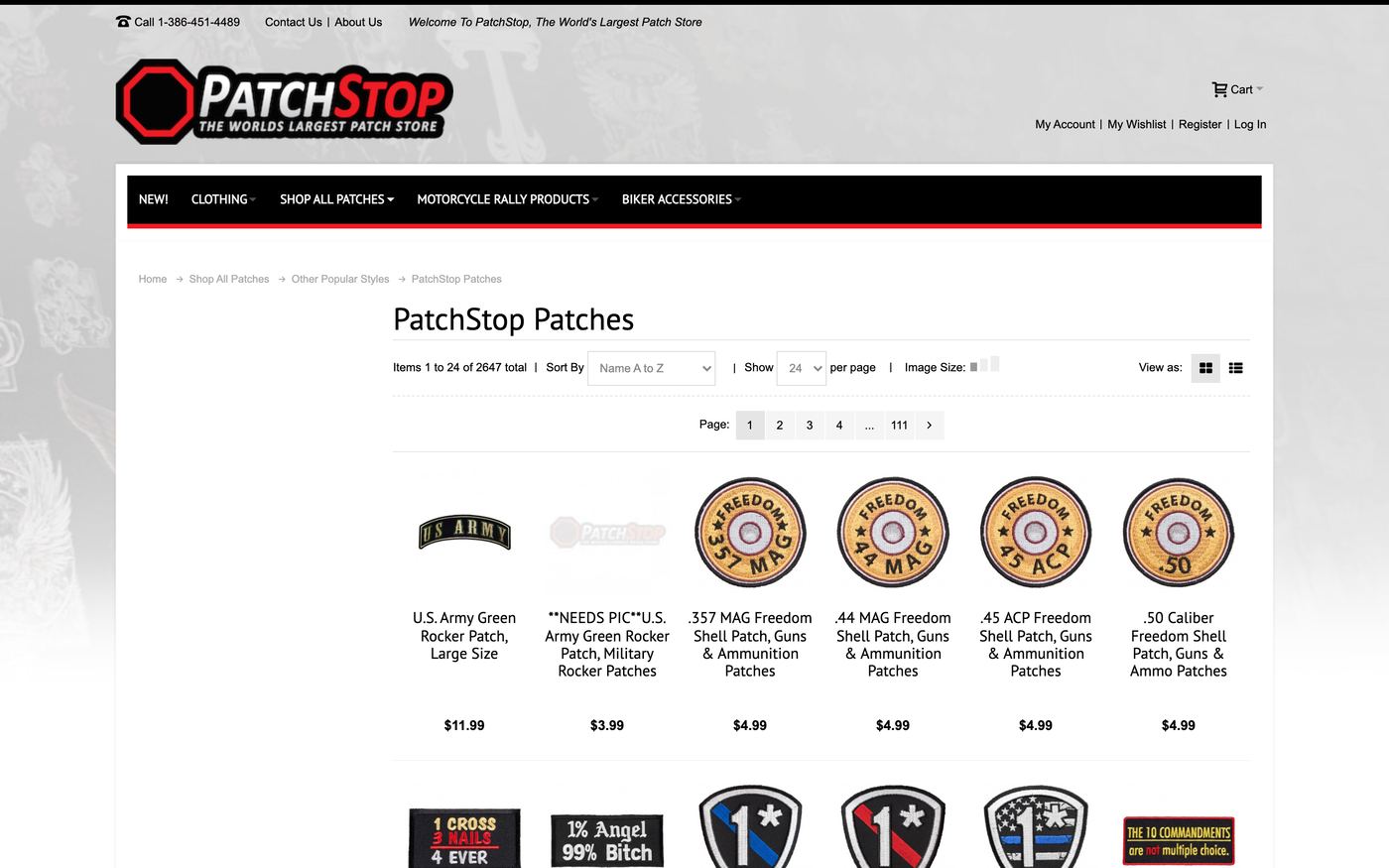 Patch Stop product page screenshot showing custom patch offerings